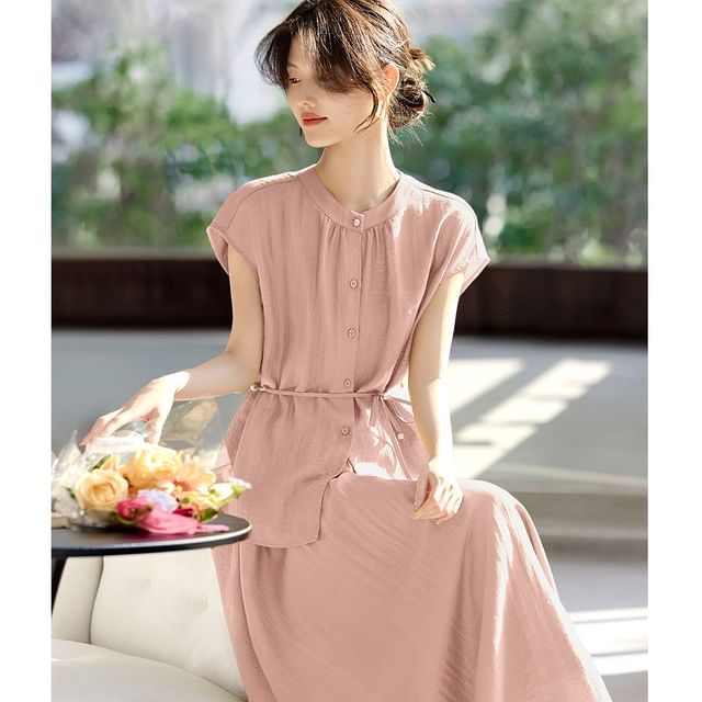 Cap-Sleeve Stand Collar Plain Blouse & High Waist A-Line Midi Skirt