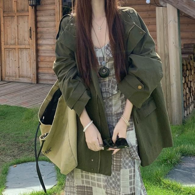 Sleeveless V-Neck Plaid Maxi A-Line Dress / Hooded Utility Jacket
