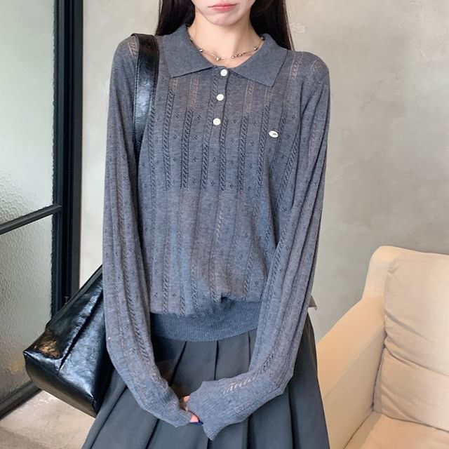 Plain Pointelle Knit Long-Sleeved Polo Top