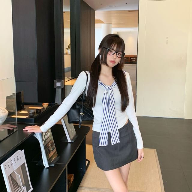 Striped Tie-Neck Long-Sleeved Tie-Up Paneled Top