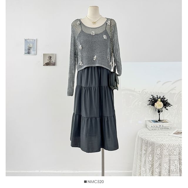Plain Loose-Fit Maxi Dress & Crochet Knit Top Set, Spaghetti-Strap Long-Sleeved