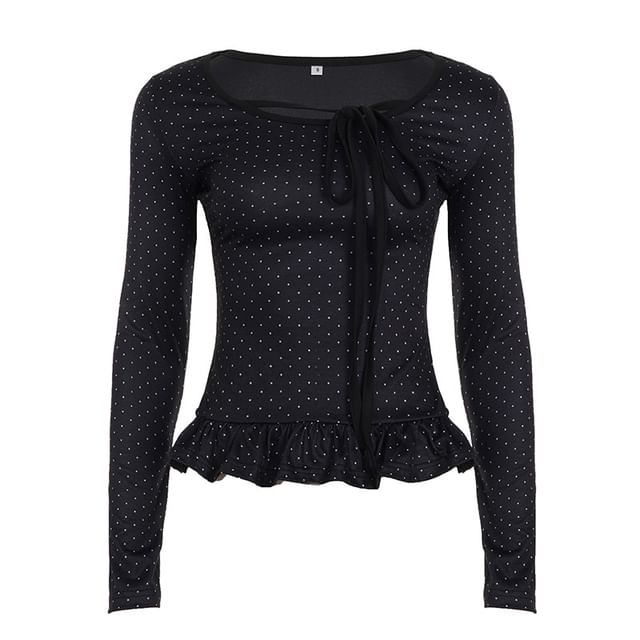 Dotted Ruffled Trim Scoop-Neck Long-Sleeved Tee