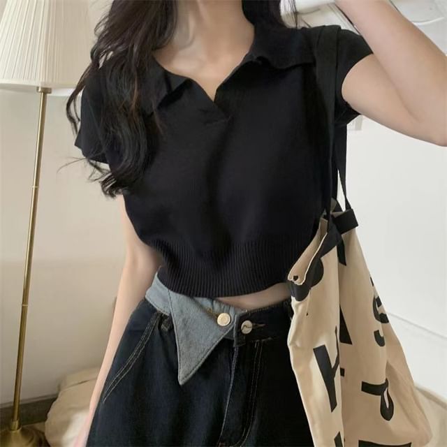 Plain Short-Sleeved Knit Polo Shirt