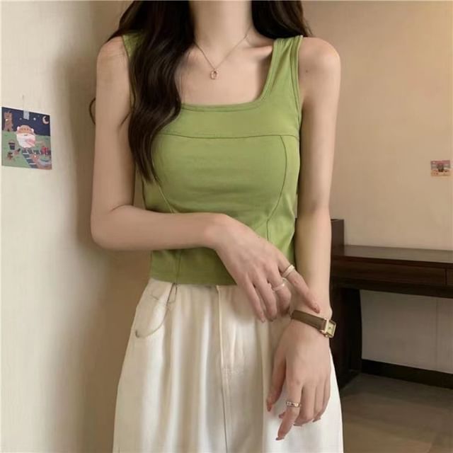 Plain Square-Neck Sleeveless Tank Top