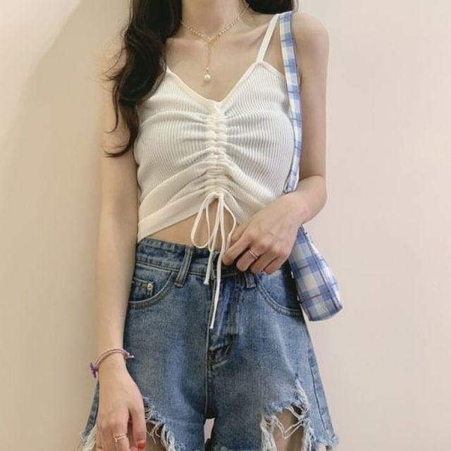 Ribbed Plain Drawstring Knit Cami Top