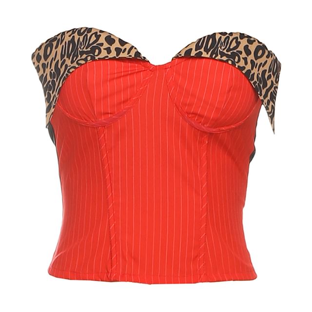 Striped Leopard-Print Paneled Cropped Bustier Top
