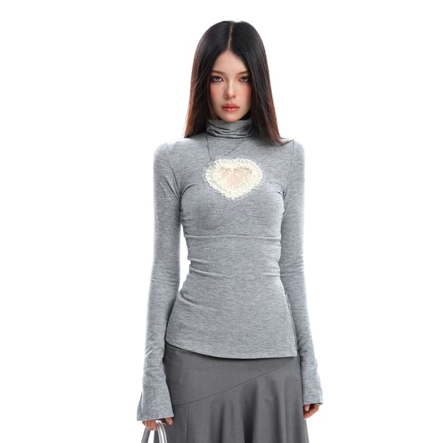 Heart Mesh Ruffle High-Neck Tee, Long-Sleeved