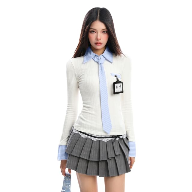 Striped Ribbed Mock Two-Piece Collar Tee, Long-Sleeved