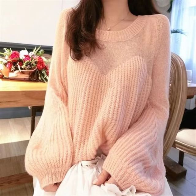 Plain Sheer Panel Crewneck Sweater