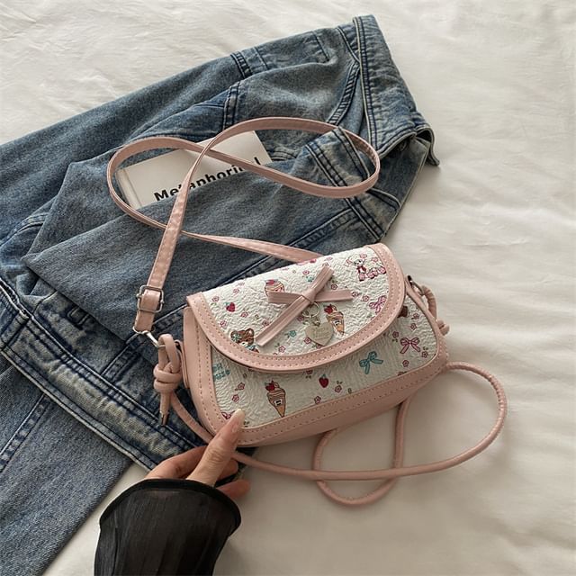Patterned Print Bow Flap Crossbody Shoulder Bag