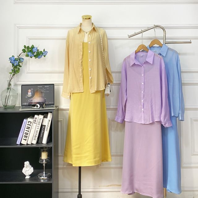 Set: Spaghetti Strap Plain Midi A-Line Dress + Button-Up Shirt