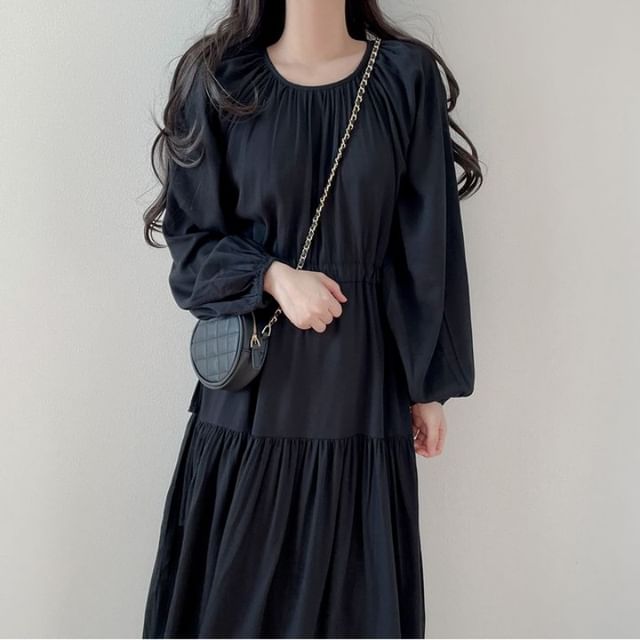 Puff-Sleeve Round Neck Plain Maxi Smock Dress