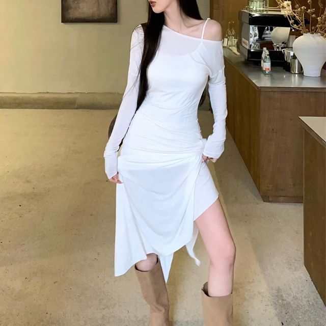 Set: Long-Sleeve Off-Shoulder Plain Asymmetrical Ruched Sheer A-Line Dress + Spaghetti Strap Mini Dress