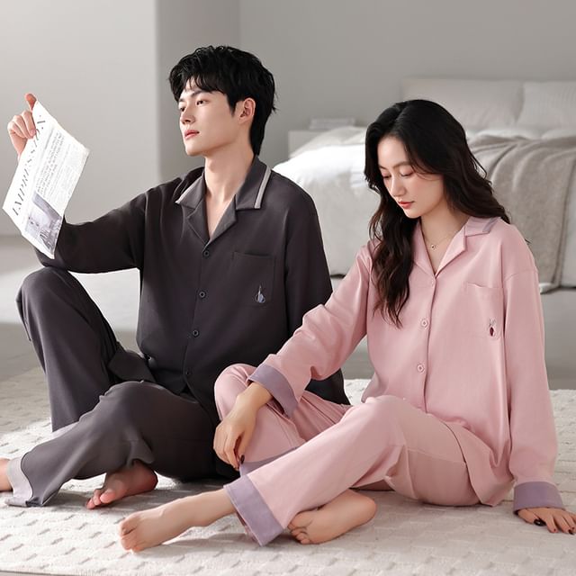Couple Matching Pajama Set: Long-Sleeve Lapel Collar Contrast Trim Shirt + Pants