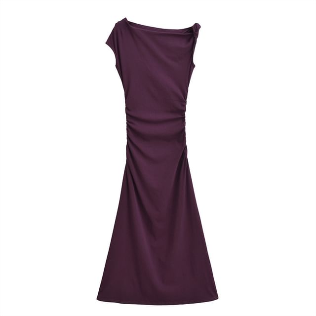 Cap-Sleeve Off-Shoulder Plain Asymmetrical Ruched Maxi A-Line Dress