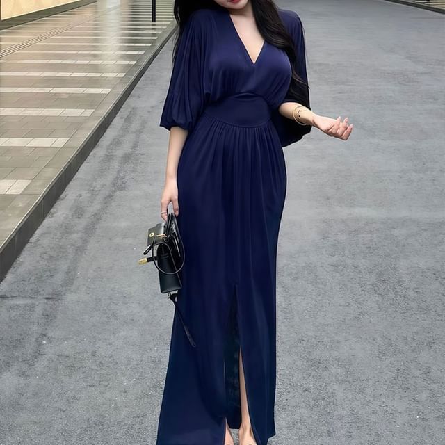 Long-Sleeve V-Neck Plain Slit Maxi Sheath Dress