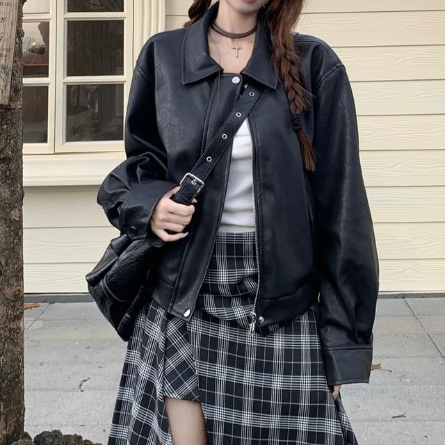 Faux Leather Zip Jacket with Plaid Asymmetrical Maxi Skirt
