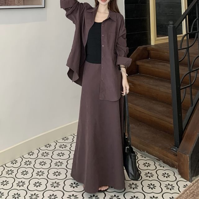 Oversized Long-Sleeve Shirt with Maxi A-Line Skirt and Cami Set