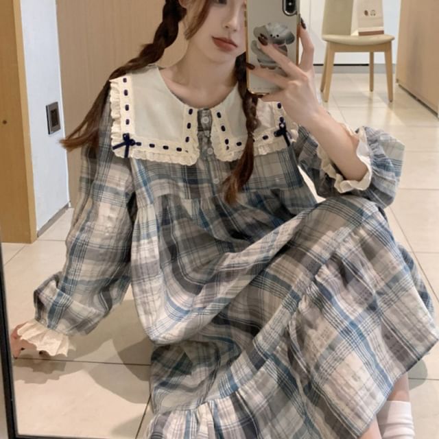 Couple Matching Long Sleeve Contrast Collar Plaid Ruffle Pajama Dress / Long Sleeve Blouse / Shirt / Straight Leg Pants / Set (Various Designs)