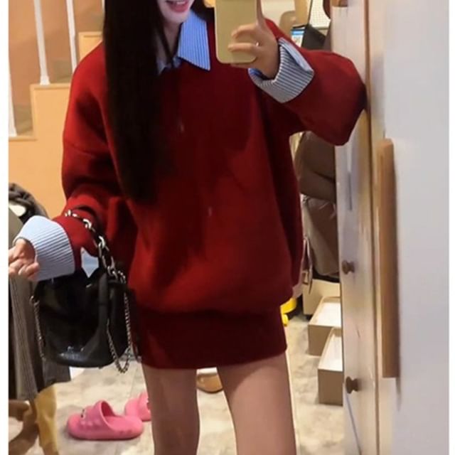 Striped Collar Sweater with Knit Mini Skirt Set