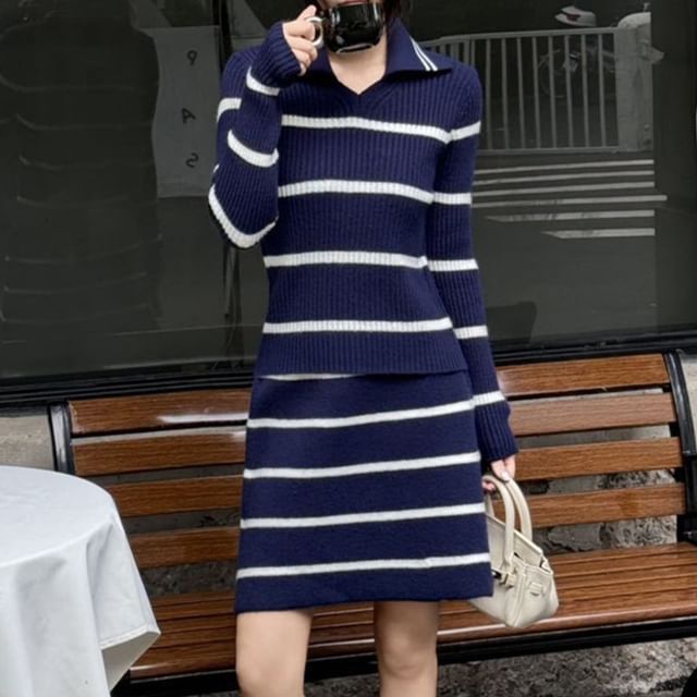 Collared Ribbed Sweater & Knit Mini Skirt Set