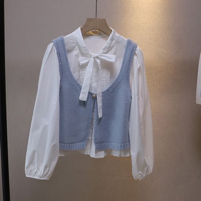 Tie-Neck Solid Blouse & Single-Button Sweater Vest Set with Long Sleeves