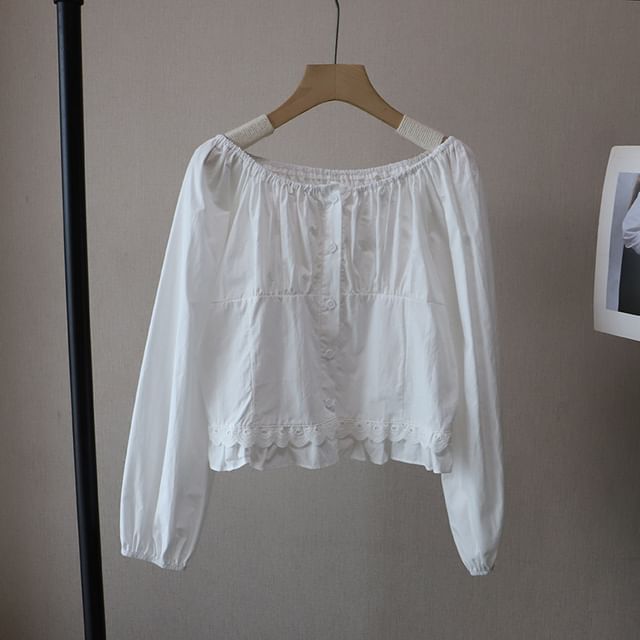 Lace-Trimmed Blouse with Crew Neckline & Extended Sleeves