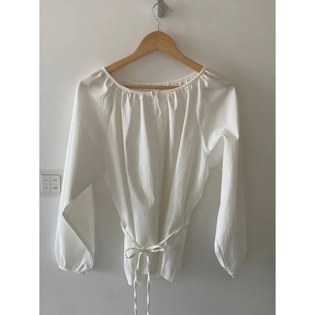 Notched-Collar Sashed Blouse with Extended Sleeves in Solid Tone