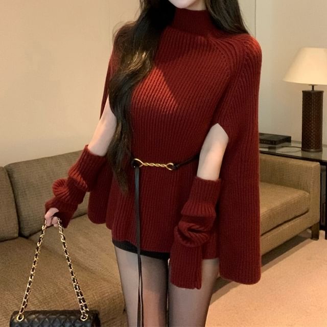 Ribbed Turtleneck Knit Top with Cape Sleeves and Arm Sleeves Set