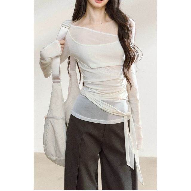 Long Sleeve Asymmetrical Neck Plain Tie Waist Tee / High Rise Wide Leg Pants