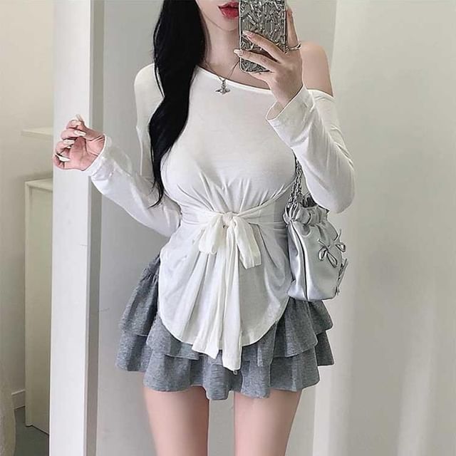 Off-Shoulder Asymmetric Solid Top with Extended Sleeves