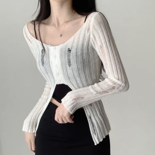 Distressed Solid Crop Knit Top with V-Neckline & Long Sleeves