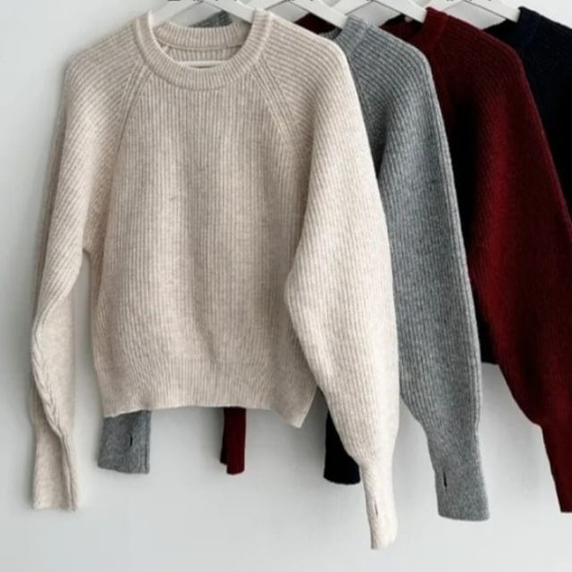 Ribbed Solid Sweater with Crewneck