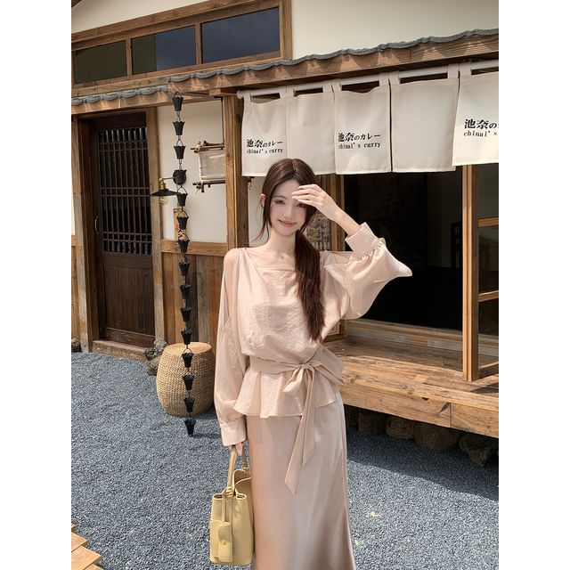 Scoop Neck Tie-Waist Blouse & Satin Maxi Skirt Set