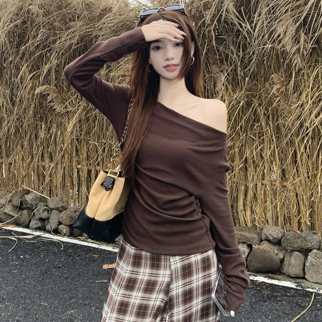 Off Shoulder Ruched Top & Plaid Maxi Skirt Set