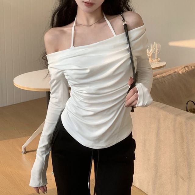 Mock Two-Piece Ruched Halter Top with Extended Sleeves in Solid Color