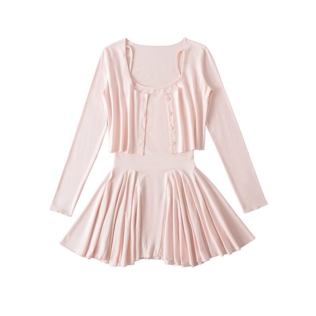 Set: Spaghetti Strap Plain Mini A-Line Dress + Round Neck Crop Cardigan