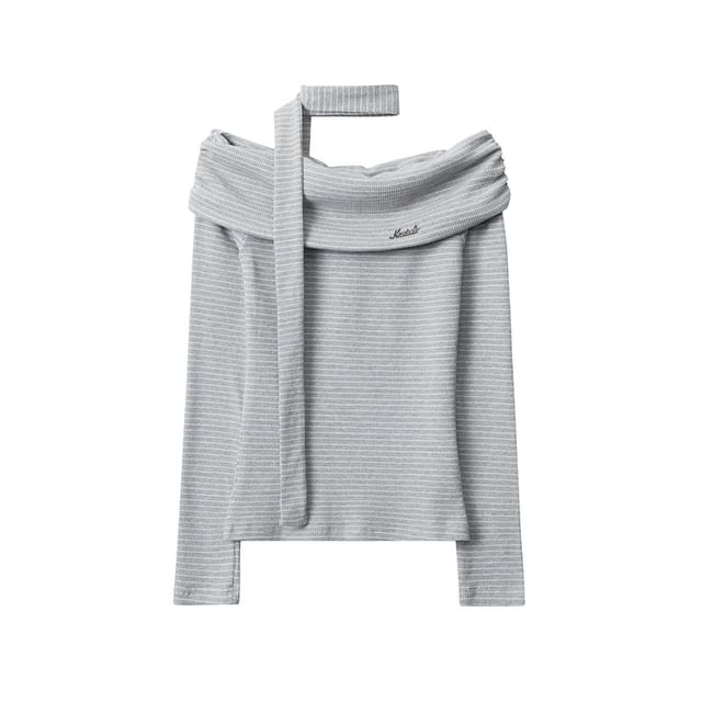 Striped Off-Shoulder Tee & Tie Set with Long Sleeves