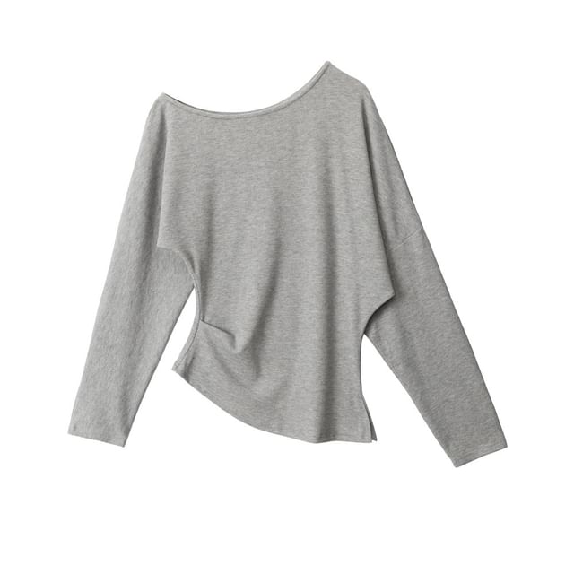 One Shoulder Plain Asymmetrical Long Sleeve Tee Shirt