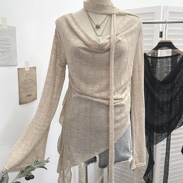 Distressed Ruffled Knit Top with Tie Neck, Asymmetrical Cut and Long Sleeves