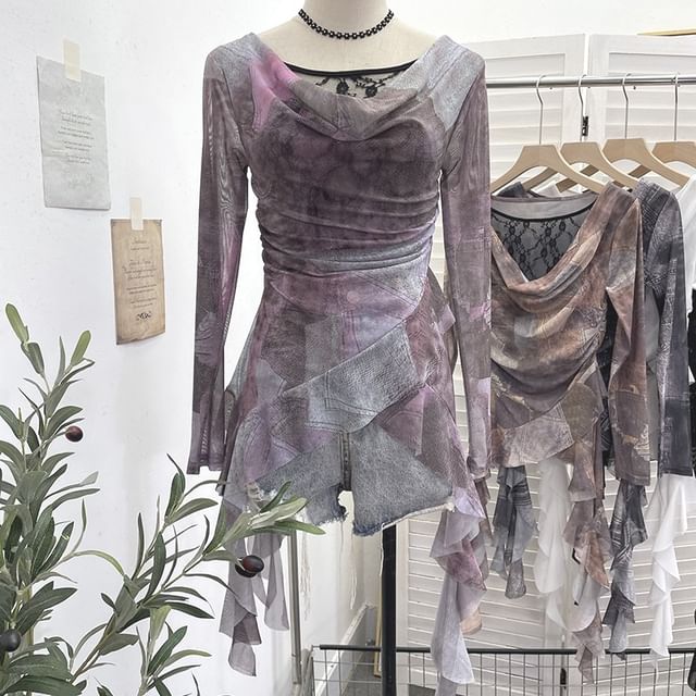 Tie-Dyed Ruffled Blouse with Cowl Neckline, Lace Panel and Long Sleeves