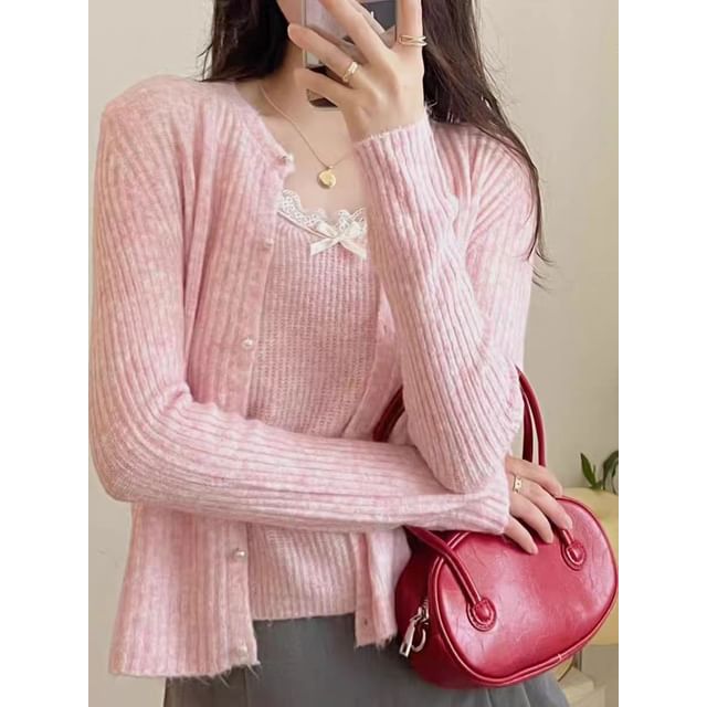 Set: Spaghetti Strap Lace Knit Cami Top + Faux Pearl Button Up Cardigan