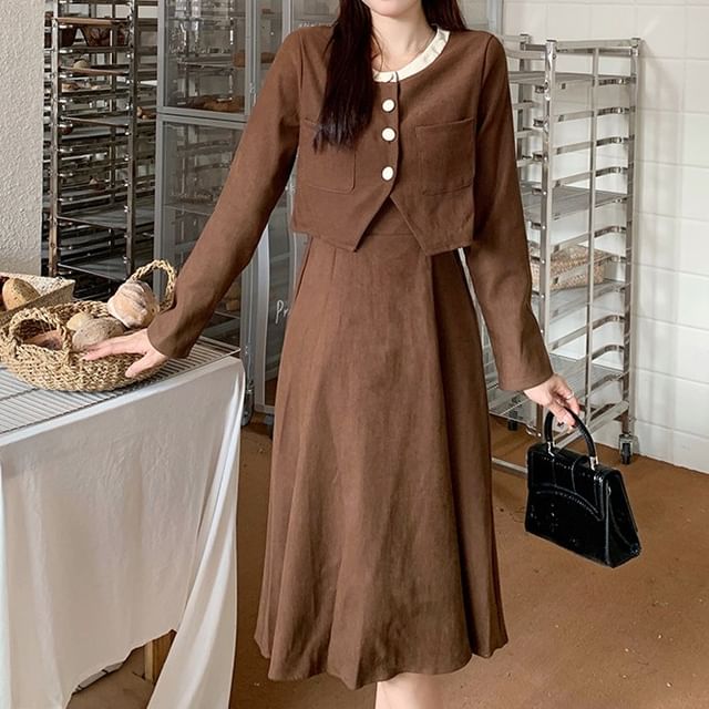 Two-Tone Buttoned Corduroy Top and Spaghetti Strap Midi A-Line Dress Set