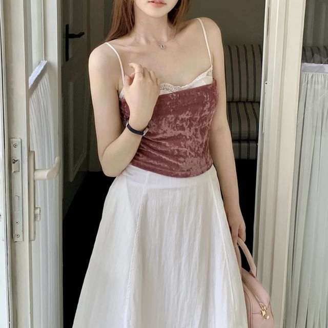 Velvet Cropped Camisole Top with Lace Panel and Slim Fit Silhouette