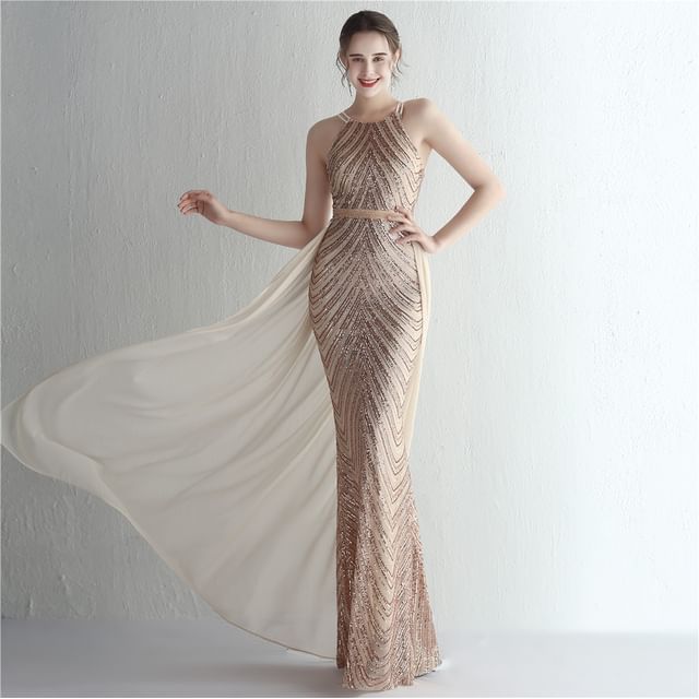 Spaghetti Strap Sequin Sheath Evening Gown