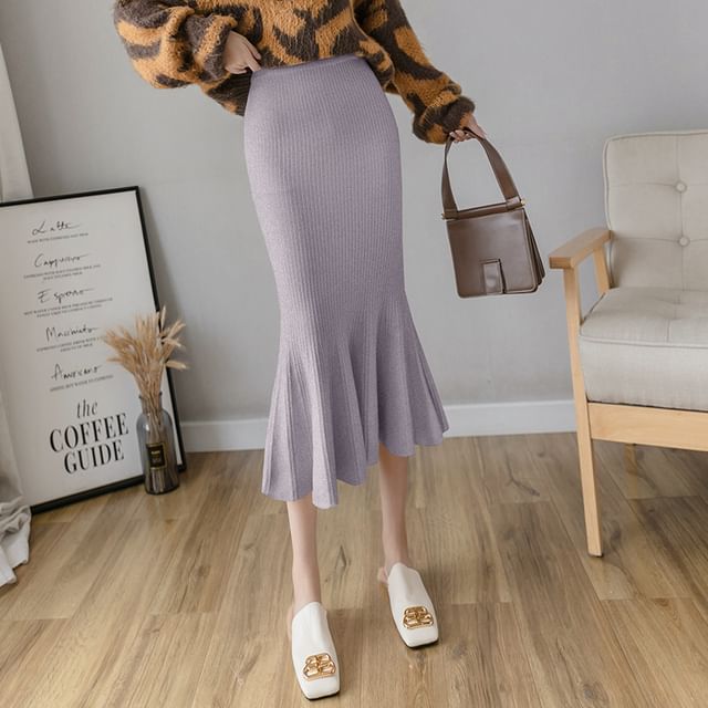 Fishtail Midi Knit Skirt with High Waist