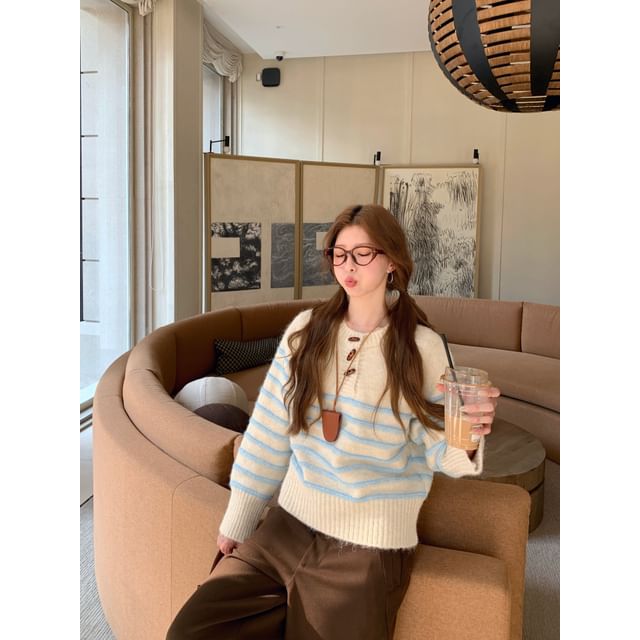 Striped Henley Knit Pullover Sweater