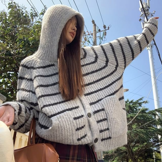 Hooded Striped Button-Up Cardigan