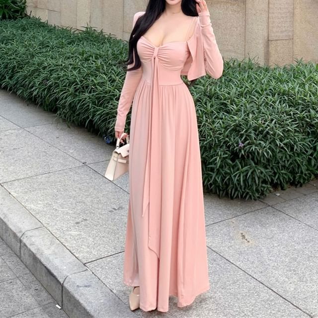 Spaghetti Strap Plain Ruched Maxi A-Line Dress / Plain Cardigan
