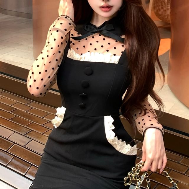 Long-Sleeve Round Neck Dotted Top / Spaghetti Strap Plain Mini Bodycon Dress